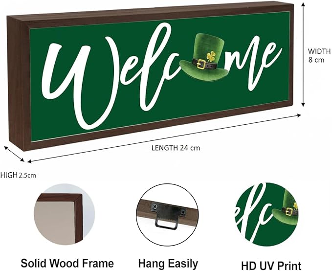 Welcome Desk Sign, St Patricks Day Wooden Table Sign, Green Irish Decor Signs, Welcome Home Decor, Front Door Decoration for Shelf, Porch Decors, Rustic Farmhouse Decors, 9.5x3.1x1 inches