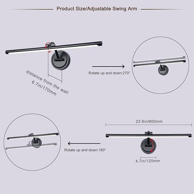 Hardwired 23.6 Inch 14W Black Picture Lights for Wall LED Picture Frame Light Dimmable Painting Lights for Wall Portrait Artwork Warm White