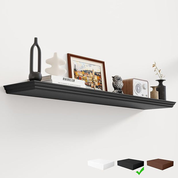 Fun Memories Floating Shelves 48 Inch Long, 9.3 Inch Deep Classic Crown Molding Floating Shelves for Wall, Rustic Wooden Shelves for Wall Decor Bathroom, Kitchen, Office, (Black, 1Pack)