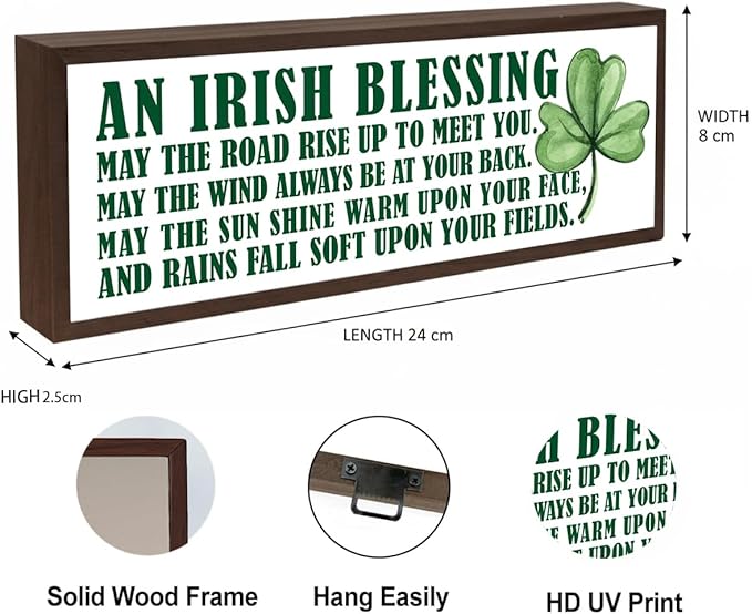 Irish Blessing Wood Sign, Shamrock Decor Sign, Framed Wooden Wall Plaque, Rustic Tabletop Decors, St Patricks Day Decor for Home Office Bedroom, Irish Gift for Women Men, 9.5x3.1x1 inches