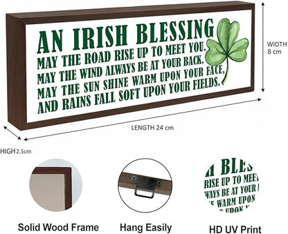 Irish Blessing Wood Sign, Shamrock Decor Sign, Framed Wooden Wall Plaque, Rustic Tabletop Decors, St Patricks Day Decor for Home Office Bedroom, Irish Gift for Women Men, 9.5x3.1x1 inches