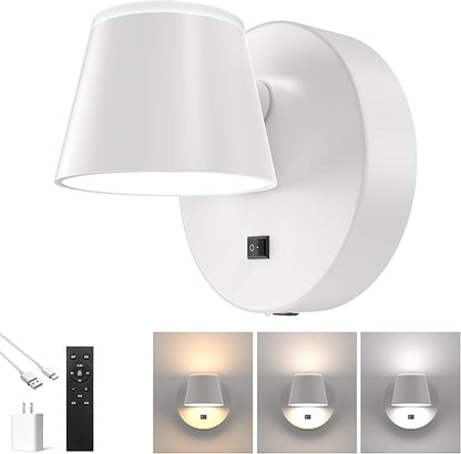 URSOLA Battery Operated Wall Sconce with Remote, LED Rechargeable Battery Wall Light with 9000mAh 3CCT and Dimmable Magnetic 360° Rotation Cordless Light for Bedroom（White）