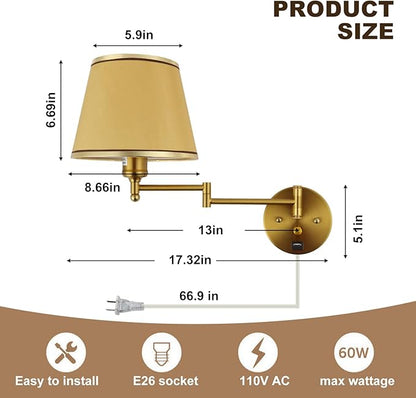 Plug-in Wall Sconce Swing Arm 1-Light Wall Mount Lamp with USB Charging Port Wall Sconce Lighting with Dimmable On Off Switch Gold Fabric Shade Brass Wall Lamp Light Fixture