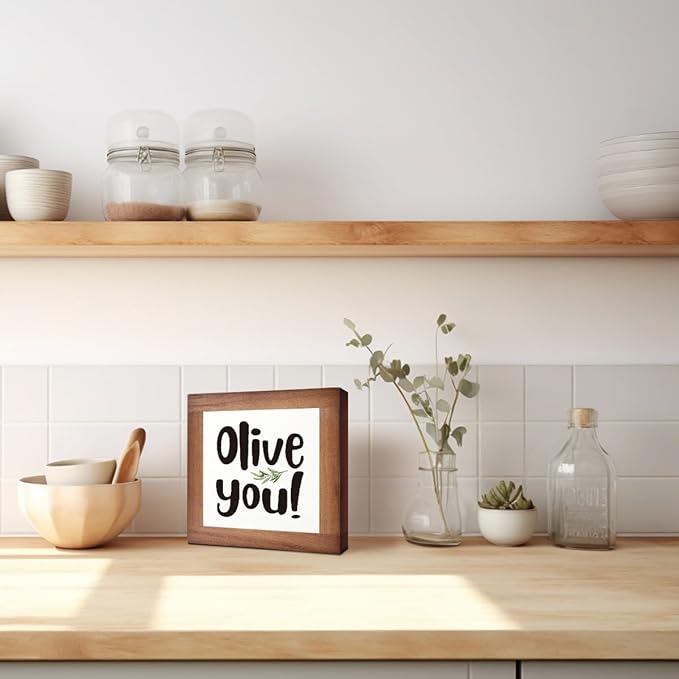 Olive You Signs, Home Kitchen Decor, Box Sign Wood Desk Sign Decors, Cute Kitchen Decor for Shelf, Olive Branch Sign, Farmhouse Decors, Home Bar Decor C