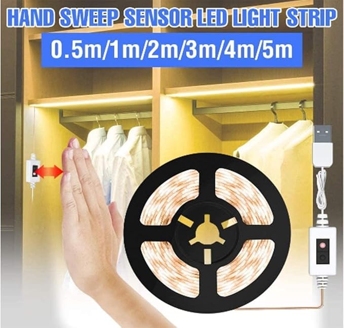 LED USB Under Cabinet Lights with Hand Wave,Under Counter Lighting, Under Desk Light Bar, Hand Wave Activated, Plug and Play,Soft Strip Light for Kitchen,Shelf,Cupboard,Closet (White, 3m)