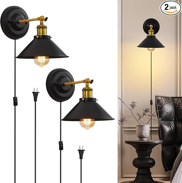 Lightess Plug in Wall Sconces Set of 2, Vintage Plug in Wall Light with 6FT On/Off Switch, Rotatable Mounted Lamps for Bedroom Living Room