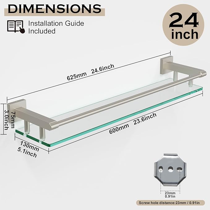 Glass Shelf for Bathroom Wall Sheves 24 inch Rectangular Stainless Steel Tempered Glass Modern Stainless Steel Wall Mount Accessories Organizers Storage (Brushed Nickel, 24‘’)