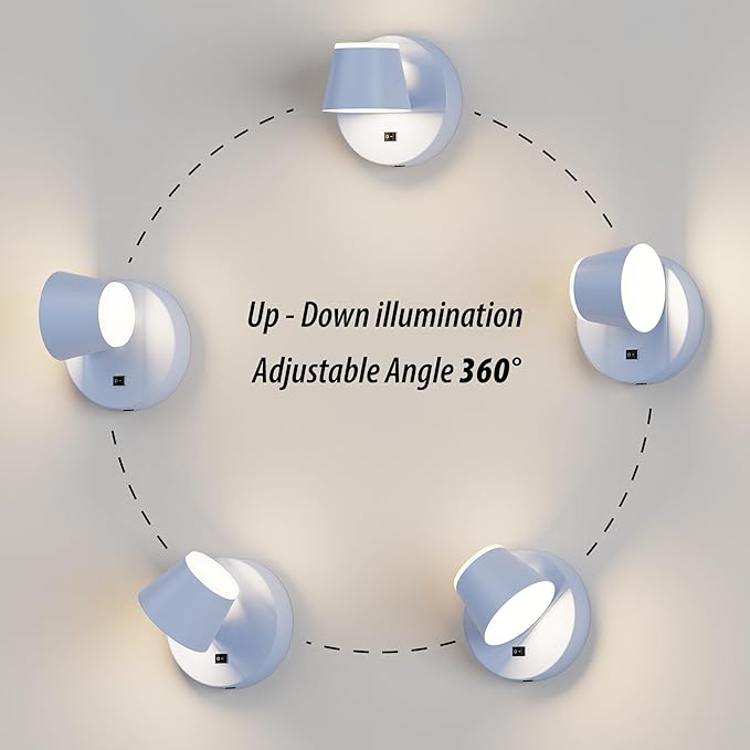 URSOLA Battery Operated Wall Lights Set of Two, LED Rechargeable Battery Wall Sconce with 9000mAh 3CCT and Dimmable Magnetic 360° Rotation Cordless Light for Bedroom（Blue）