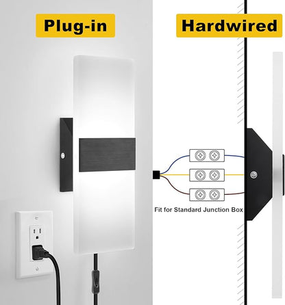 Plug in Wall Sconce with Stepless Adjustable 3000K-6500K Colors and 10%-100% Brightness, 12W Acrylic LED Wall Light with Remote, Hardwire or Plug-in (1 Pack, Black)