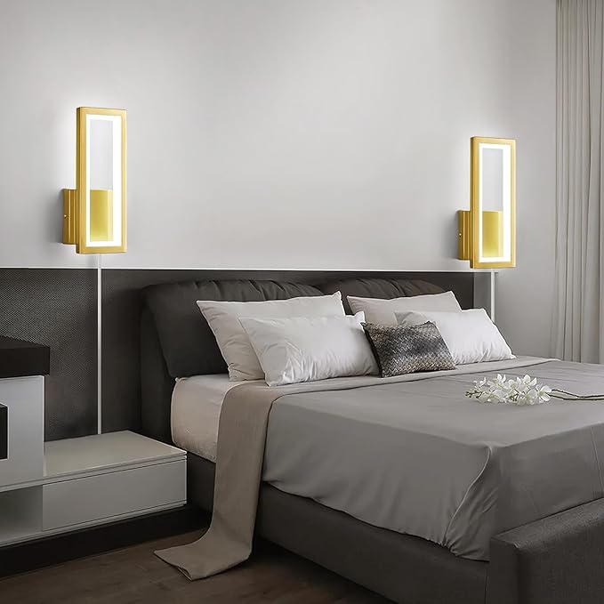 Modern Gold Plug in Wall sconces 18W Indoor LED Simple Wall Fixture 6000K Rectangle Vanity Wall Lights for Living Room Bedroom Hallway Stairs(1Pack)