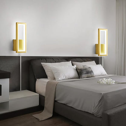 Modern Gold Plug in Wall sconces 18W Indoor LED Simple Wall Fixture 6000K Rectangle Vanity Wall Lights for Living Room Bedroom Hallway Stairs(1Pack)