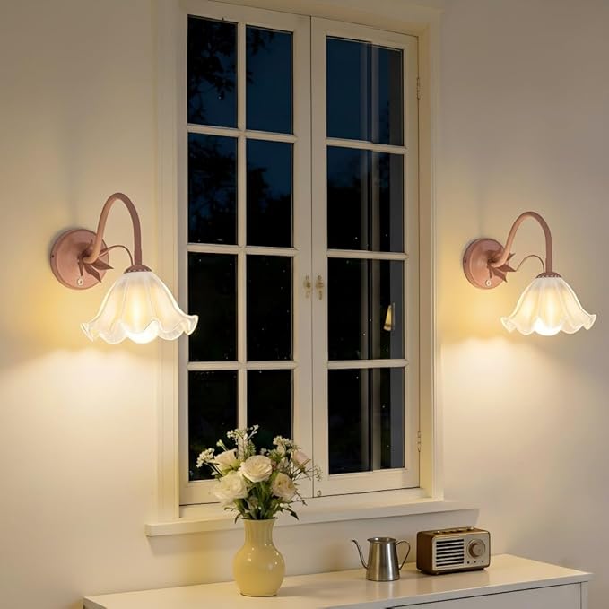 Battery Operated Cordless Flower Wall Sconce Set of 2 (Pink), Stepless Dimming Magnetic Wireless Wall Lamp, 5200mAh Rechargeable Battery, for Living Room Bedroom Hallway Corridor
