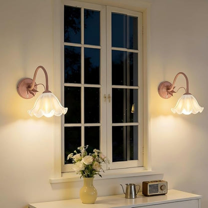 Battery Operated Cordless Flower Wall Sconce Set of 2 (Pink), Stepless Dimming Magnetic Wireless Wall Lamp, 5200mAh Rechargeable Battery, for Living Room Bedroom Hallway Corridor