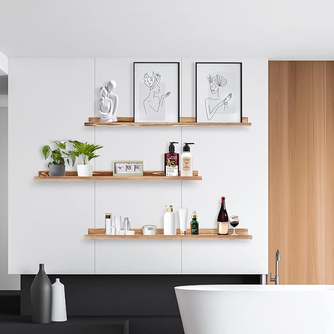 AZSKY Picture Ledge Shelf Floating Shelves for Photo Frames Kids Book Shelves Wall Mounted Burnt Display Shelf Wooden Frame Ledge 48 Inches Set of 3 Bathroom Organizer Shelves