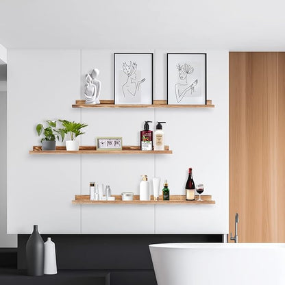 AZSKY Picture Ledge Shelf Floating Shelves for Photo Frames Kids Book Shelves Wall Mounted Burnt Display Shelf Wooden Frame Ledge 48 Inches Set of 3 Bathroom Organizer Shelves