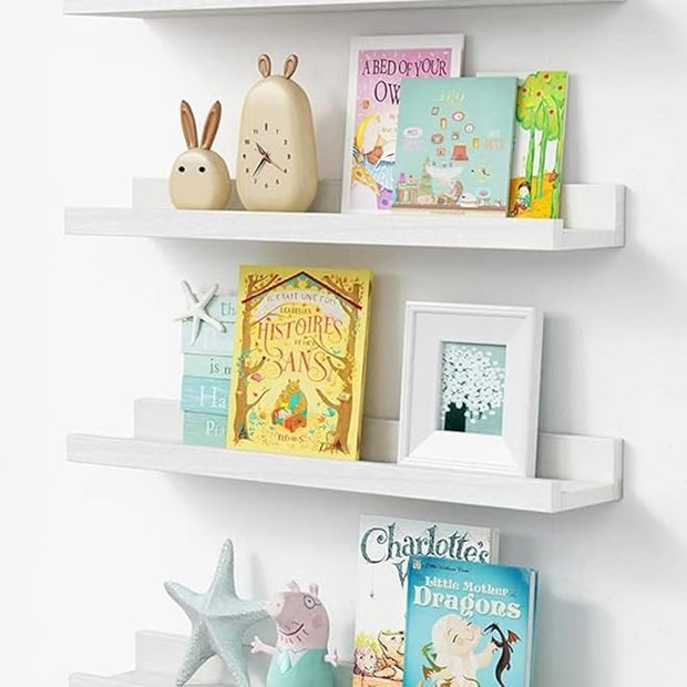 Forbena Floating Nursery Book Shelves for Wall, 24 Inches Long Wall Bookshelf for Kids Room, White Picture Ledge Shelf with Lip for Kid Toddler Child Childrens Bedroom Books (Solid Wood, Set of 4)