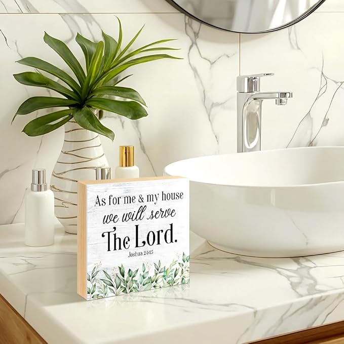 As for Me And My House We Will Serve The Lord Wood Block Plaque Box Sign for Home Living Room Coffee House Bar Shelf Table Decoration, Joshua 24:15 Christian Decor Gifts for Family Friend