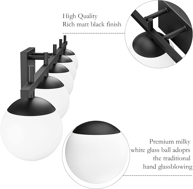 Ralbay Mid Century Modern Vanity Lights Black Milky Glass Mid Century Bathroom Vanity Lights Over Mirror, Wall Light for Bathroom Black 5 Light