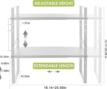 Expandable Cabinet Shelf Organizer Rack, Stackable Kitchen Counter Storage Shelves Stand, Adjustable Height Pantry Shelf Spice Rack