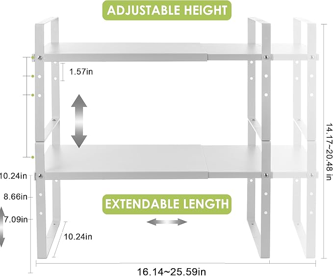 Expandable Cabinet Shelf Organizer Rack, Stackable Kitchen Counter Storage Shelves Stand, Adjustable Height Pantry Shelf Spice Rack