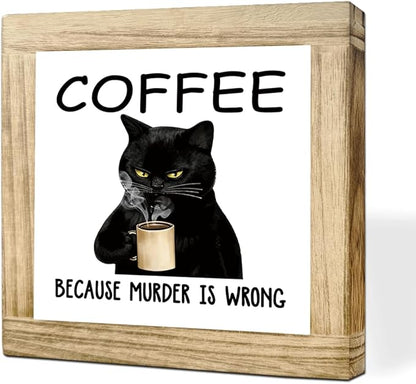 Funny Wood Coffee Sign Coffee Because Murder Is Wrong Humorous Coffees Sign Wall Art For Kitchen Office Bar Rustic Square Cafe Decor Plaque Coffees Themed Wall Decoration 5.9x5.9 Inch
