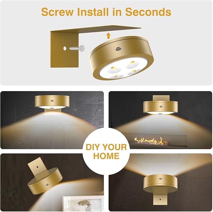 3Pack Wireless Picture Light,Battery Operated Painting Light with Remote,Magnetic Timer Display Art Lamp for Wall,Dimmable Picture Frame Light for Frame Artwork,Wall Decor Puck Lights-Gold