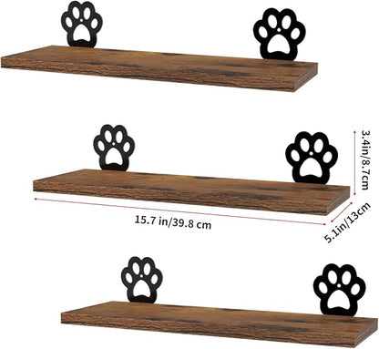 Lavezee Paw Prints Wall Decor Floating Shelves Set of 3, Cute Rustic Wooden Shelf Decorative Living Room, Bedroom, Bathroom, Log Cabin Shelving Wall Mounted