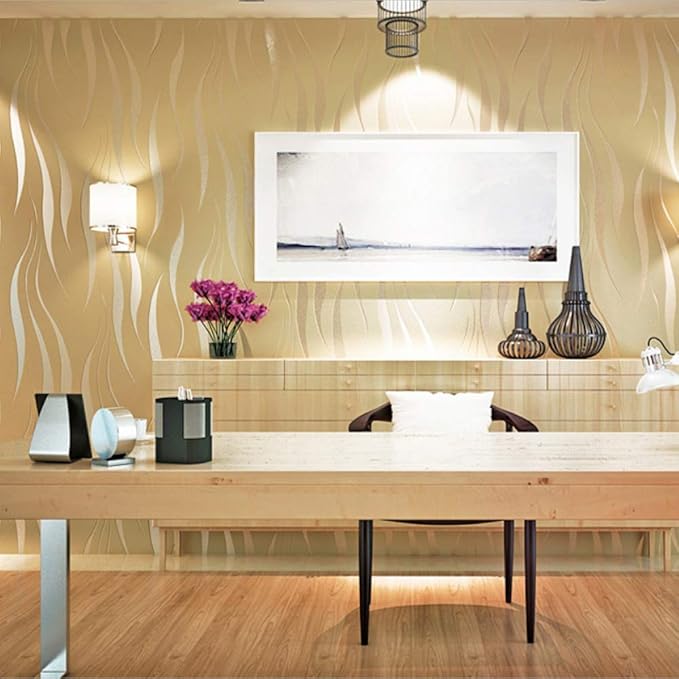 Q QIHANG Simple Fashionable Non-Woven Wallpaper 3D Embossed Three-Dimensional Flocking Foaming Wave Stripes Bedroom Living Room TV Background Wall Shop Decoration20.87 Wx393.7 L Non-Pasted (Beige)