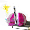 JIC Gem Pink Dyed Agate Bookends Geode Book Ends Stone Bookends for Shelves to Hold Books Heavy Duty with Rubber Bumpers for Decoration Brazilian(1 Pair, 3-4 LBS)