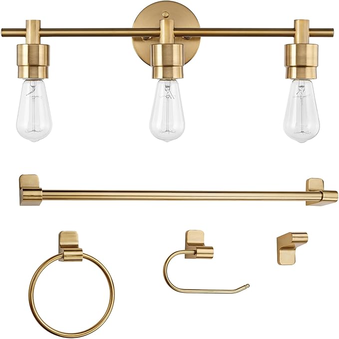 Globe Electric 51563 5-Piece Bathroom Accessory Set with 3-Light Vanity Fixture, Matte Brass Finish, Open Socket Design, Towel Bar, Towel Ring, Robe Hook, Toilet Paper Holder