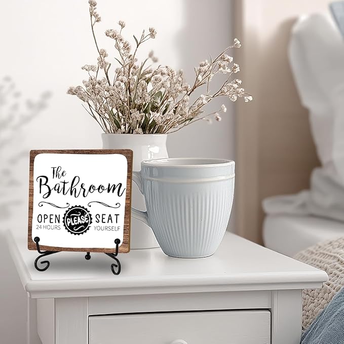 Funny Bathroom Signs Decor, Toilet Wooden Sign With Stand, The Bathroom Open 24 Hours Please Seat Yourself Sign, Farmhouse Restroom Quote Sign For Toilet Restroom Washroom Lavatory Home Decor Gifts