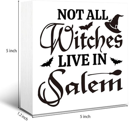 Rustic Halloween Box Sign Decor Tabletop, Halloween Party Decorations for Haunted House, Farmhouse Decor, Kitchen Decoration for Shelf, Not Every Witch Lives in Salem Sign Wooden Plaque 5 * 5inch
