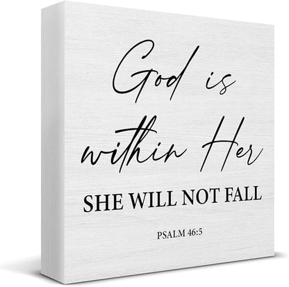 Christian Desk Decor Bible Verses Religious Gifts for Women Her, Inspirational God Is Within Her Psalm 46:5 Wooden Sign Farmhouse Christian Decorations for Home Office Desk Shelf Table