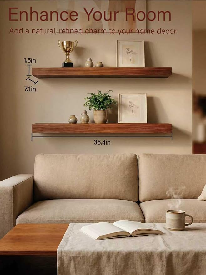 Solid Wood Floating Shelves,35.4in Finished Real Wood Wall Shelves with Heavy-Duty Hidden Bracket, Easy Installation, Set of 2, 35.4in x 7.1in x 1.5in, for Living Room Bedroom Kitchen,Bronze