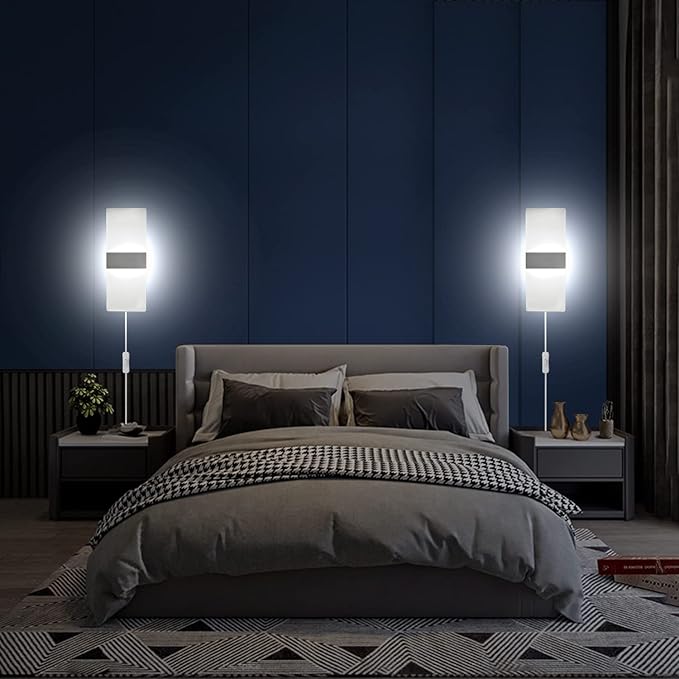KICAAO Wall Sconces Set of Two, Modern Wall Sconce Plug in 10W 6000K Cool White Acrylic Wall Lights with 6FT/180cm Plug in Cord and On/Off Switch on The Cord