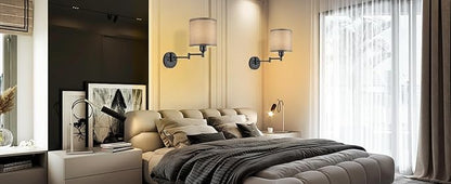 Battery Operated Wall Sconce with Remote Control, 15 Colors Dimmable Wireless Wall Sconces Set of Two, Rechargeable Cordless Wall Sconce Light, Swing Arm Wall Lamp with Grey Fabric Shade