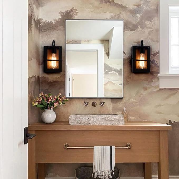 Farmhouse Wall Sconces Lamp Set of Two,Modern Industrial Wall Sconces Lighting Indoor with E26 Base Faux-Wood Color Matte Black Finish,Vintage Wall Mount Light Fixture for Bedroom Living Room Stairway