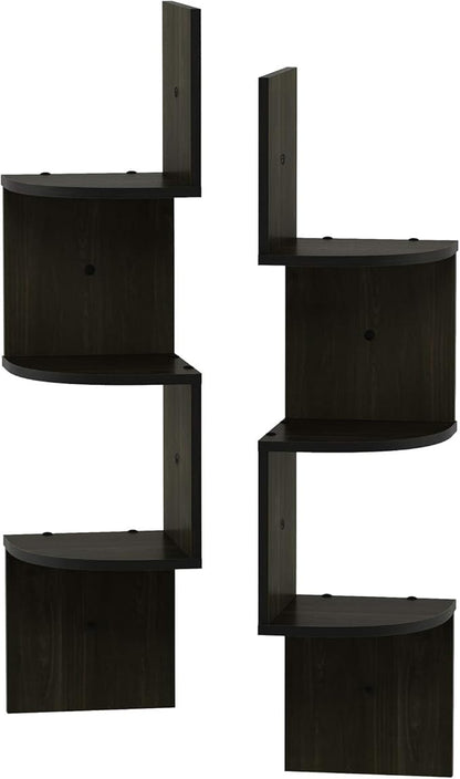 Furinno Rossi Wall Mount Floating Corner Shelf, 3-Tier Radial Set of 2, Espresso