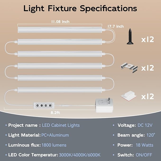Under Cabinet Lighting Plug in, 12 Inch Linkable Under Cabinet Lights, 3 Color Temps & Dimmable, 1800LM Super Bright LED Light Bar, Under Counter Lights for Kitchen Cabinet, Closet, Shelf, 6 Pack