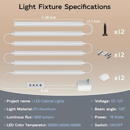 Under Cabinet Lighting Plug in, 12 Inch Linkable Under Cabinet Lights, 3 Color Temps & Dimmable, 1800LM Super Bright LED Light Bar, Under Counter Lights for Kitchen Cabinet, Closet, Shelf, 6 Pack