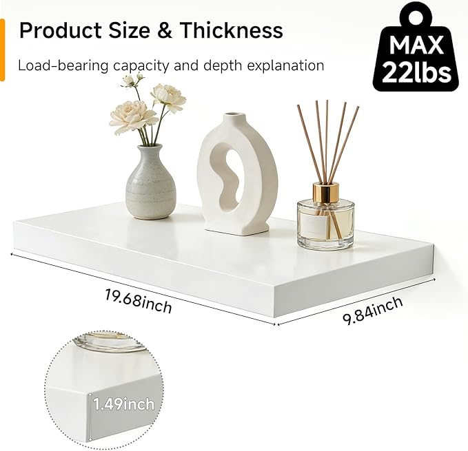 INHABIT UNION 20in Floating Shelves for Wall, Wall Mounted Shelves for Decor Storage Set of 2, Floating Shelf for Bedroom, Bathroom, Living Room and Kitchen（White）