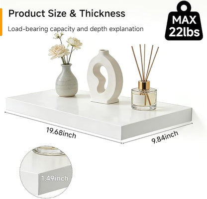 INHABIT UNION 20in Floating Shelves for Wall, Wall Mounted Shelves for Decor Storage Set of 2, Floating Shelf for Bedroom, Bathroom, Living Room and Kitchen（White）