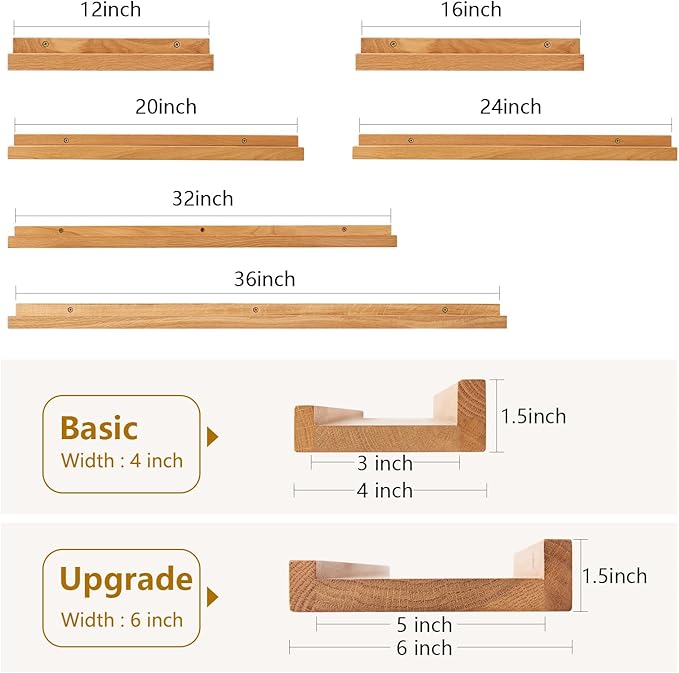 Oak Floating Shelves for Wall 12 Inch (Upgrade Width 6