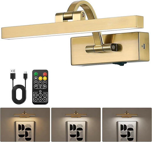 Picture Light with Remote 3 Colors Wireless Art Lights for Paintings,Rotatable Wall Sconce Rechargeable Battery Powered Painting Light,Dimmable Light Over Picture Frame for Gallery,Brass