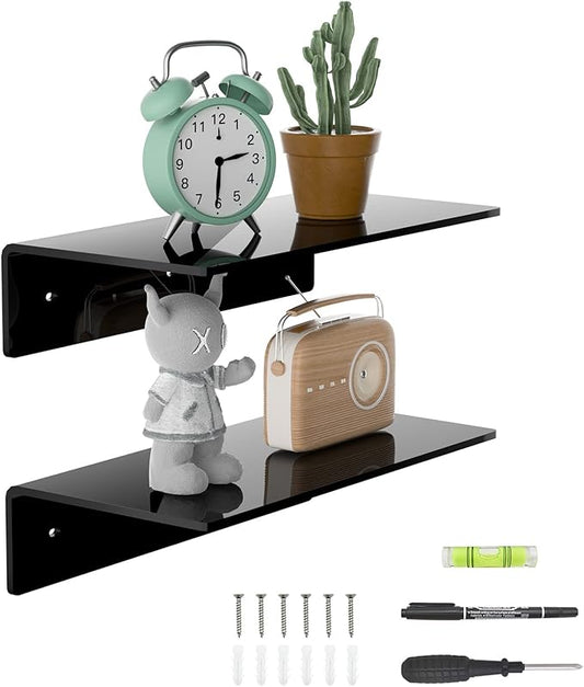 12 Inches Acrylic Wall Shelves 2 Pack, Floating Shelf for Wall Mounting, Acrylic Display Ledges for Funko Pop Figures, Home Décor, Living Room, Gaming Room, Plants(12 inch, Black)