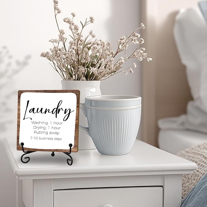 Funny Laundry Room Decor Sign for Bathroom, Laundry Sign: Washing 1 Hour, Drying 1 Hour, Putting Away 7-10 Business Days Wood Plaque Sign Rustic Wooden Plaque With Stand for Home Farmhouse Shelf Table