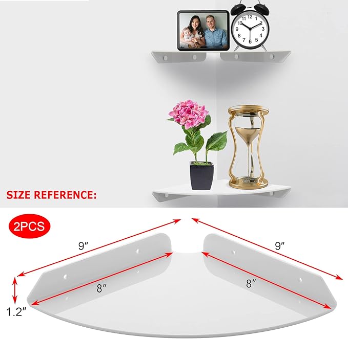 Cosmos 2 Pcs Acrylic Wall Mount Floating Corner Shelves Quarter Round Shower Shelf Hanging Corner Shelves Wall Storage Display Organizer for Bathroom Kitchen Bedroom Living Room (Solid White)