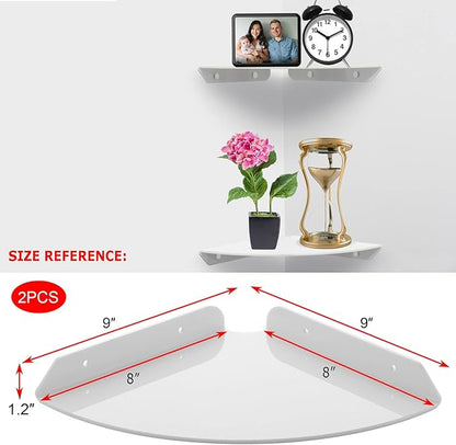 Cosmos 2 Pcs Acrylic Wall Mount Floating Corner Shelves Quarter Round Shower Shelf Hanging Corner Shelves Wall Storage Display Organizer for Bathroom Kitchen Bedroom Living Room (Solid White)