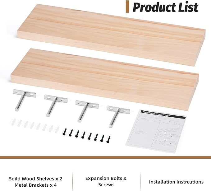 Floating Shelves (Set of 2) – Wall Mounted Shelves for Home Décor and Storage, Natural Pine Wood, Suitable for Living Room and Bedroom (Unfinished, 23.6" x 6.7" x 1.2")