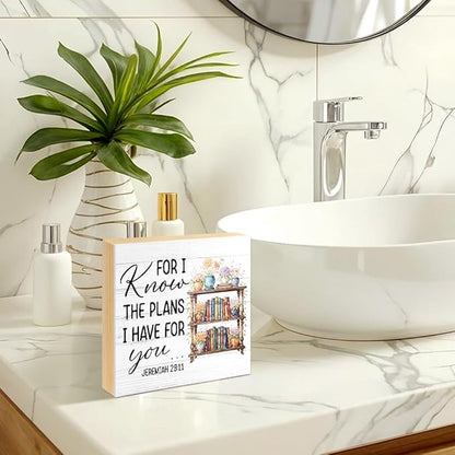For I Know The Plans I Have for You Wood Block Plaque Box Sign for Home Living Room Coffee House Bar Shelf Table Decoration, Jeremiah 29:11Inspirational Decor Gifts for Women Family Friend